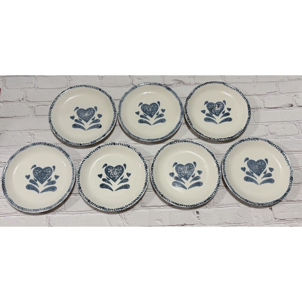 7- Gibson Designs My Love Side Plates 6.5" Blue Sponged Heart Stoneware Vtg